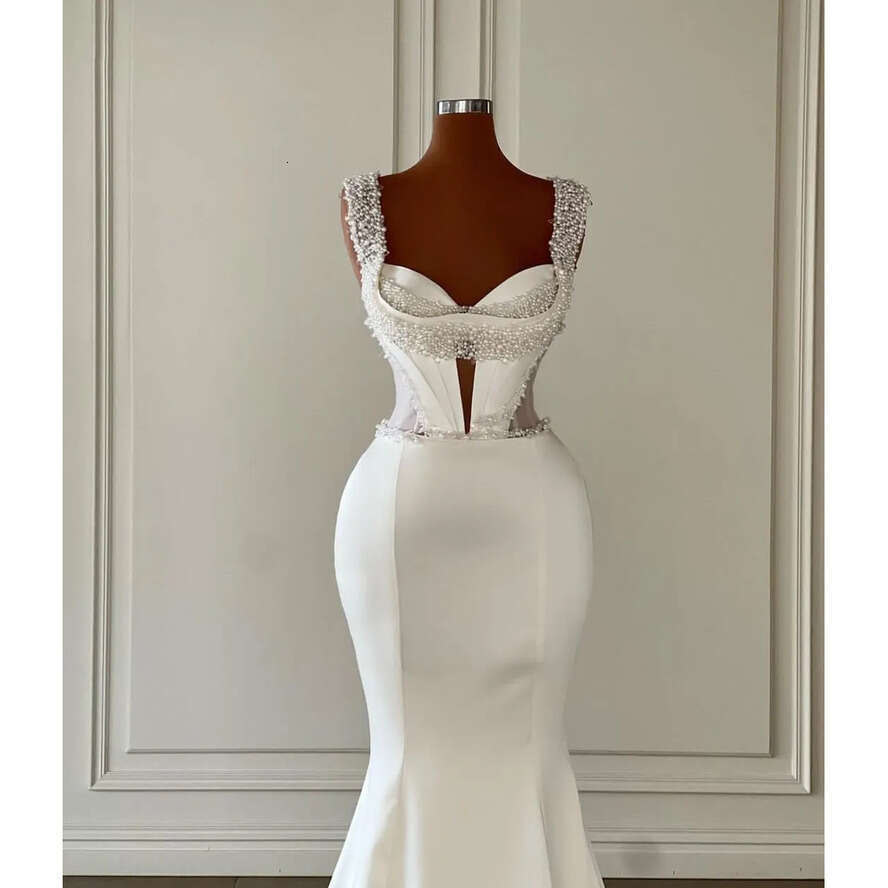 Elgant Mrmaid Prom Drsss Slss V Nck Straps Appliqus Squins Badd 3D Lac Parls Satin Or Lngth Evning Drss Bridal Gowns Plus Siz Custom 0431