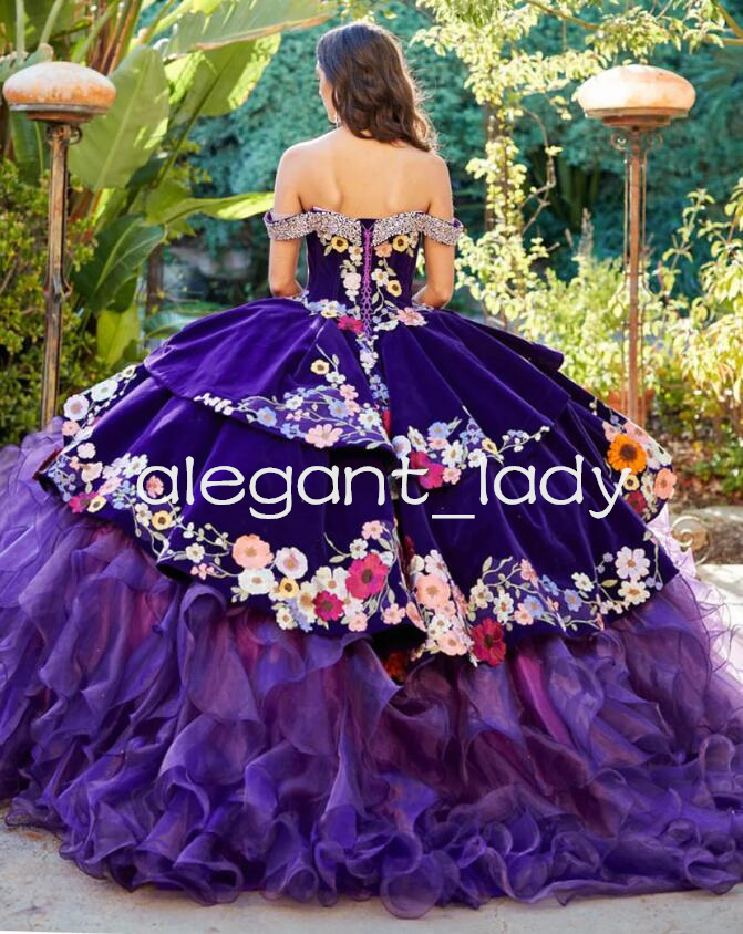 Purple Velvet Organza Charro Quinceanera Dresses 2025 Off Shoulder Floral Crystal Corset Ruffles vestido de 15 anos quinceanera