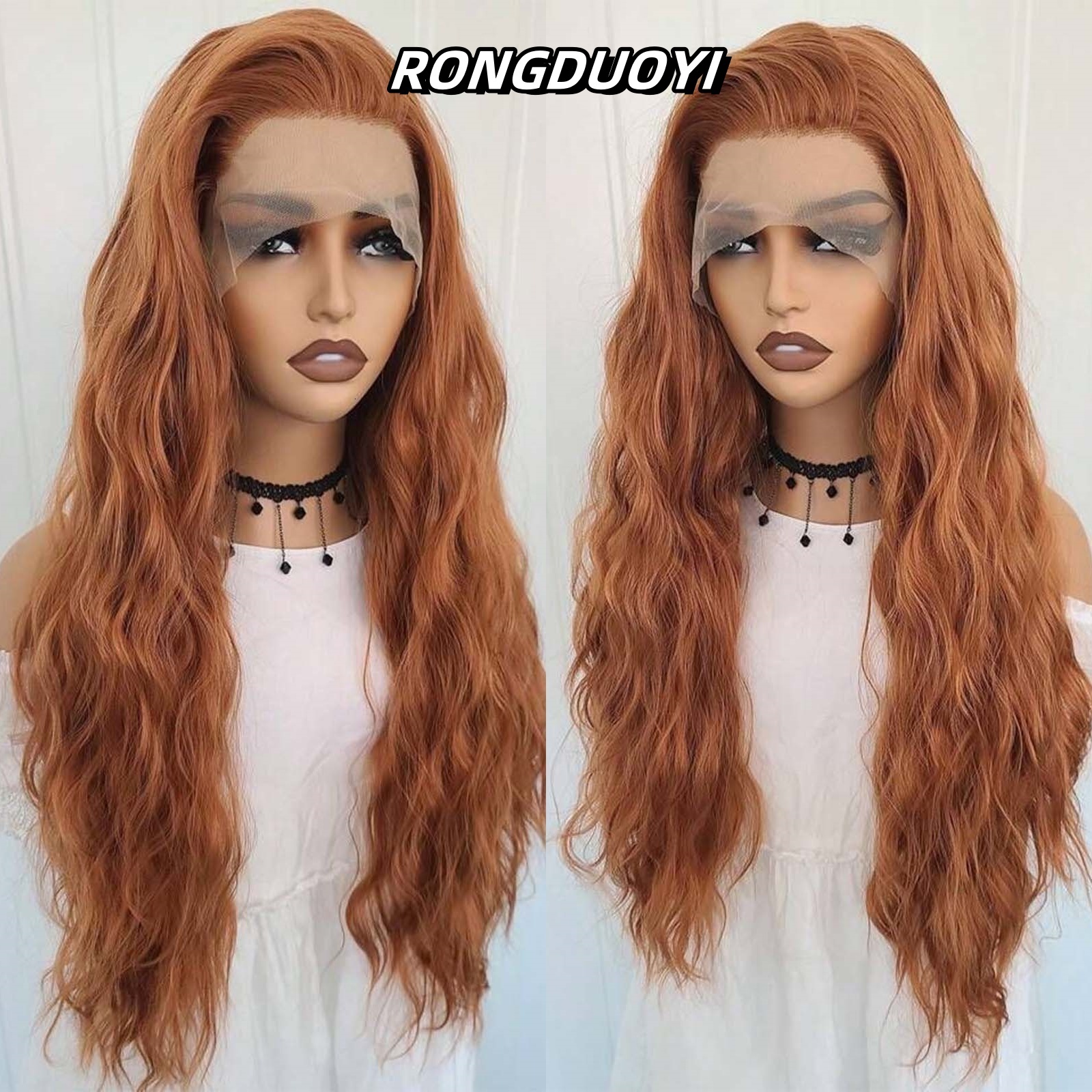 13X4 Ginger Orange Long Curly Synthetic Front Natural Wavy Auburn Brown Colored Hair Lace Frontal Wig for Women Party