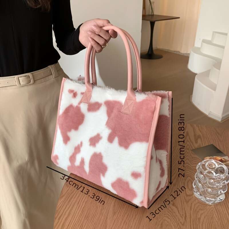 Fluffy Cow Pattern Tote Handbag Soft Faux Fur, Vintage Y2K Inspired, Spacious Interior, Stylish New Shoulder Bag Women - Perfect for Daily Use, Casual