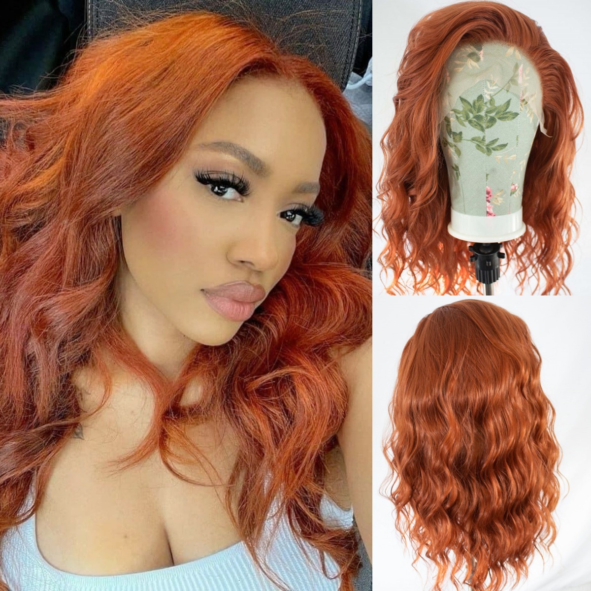 Orange Synthetic Lace Front Curly Bob Wig Deep Wave Ginger Brown Auburn Colored Short Wavy Hair Wigs for Women