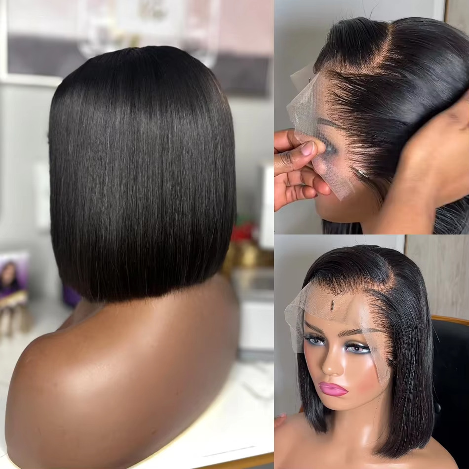 Straight Brazilian 4x4 HD Lace Frontal Short Bob Wig Pre Plucked Natural Black 100% Human Hair Wigs