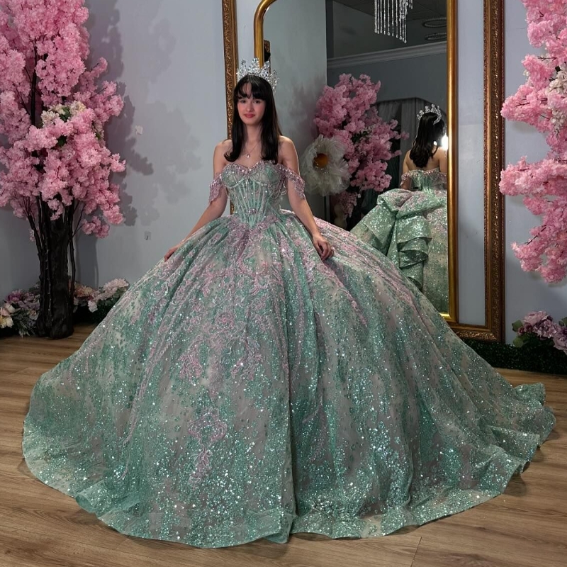 Mint Green Shiny Quinceanera Dresses Princess Sequin Applique Lace Beads Tull Sweet 16 Years Birthday Party Dress Off The Shoulder Vestido De 15 Anos 