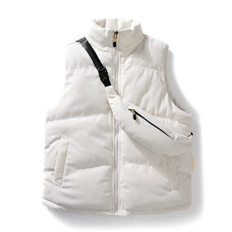 Fashionable and casual mens fully matched vest jacket autumn and winter warm sleeveless solid color thick zipper waist jacket stand up collar 241028