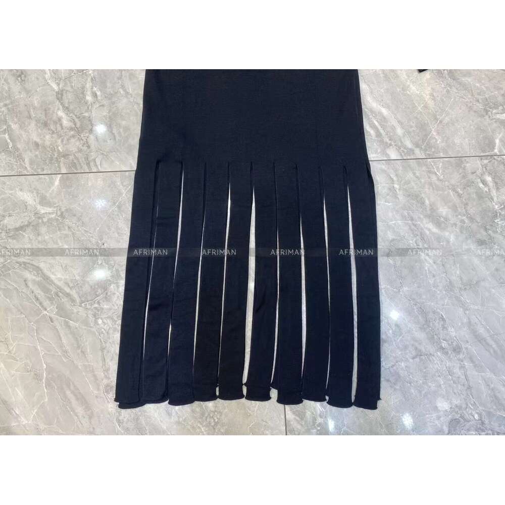 Women High Neck Sleeve Fringed Slim Long Knitted Dress