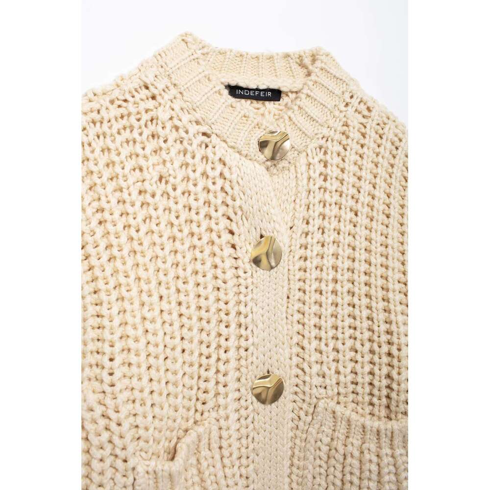 TRAFZA Women Fashion Cable Knit Gold-Color Button Jacket New Spring Fall Casual Simple Knitted Coat