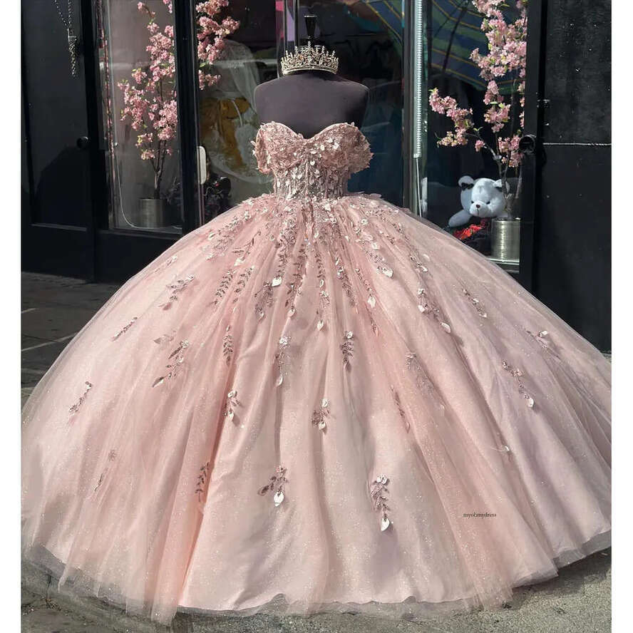 Cute Princess Dresses Prom Ball Gown Appliqued Off Shoulder Vestido De Quinceanera Glitter Tulle 15 Masquerade Dress 0516