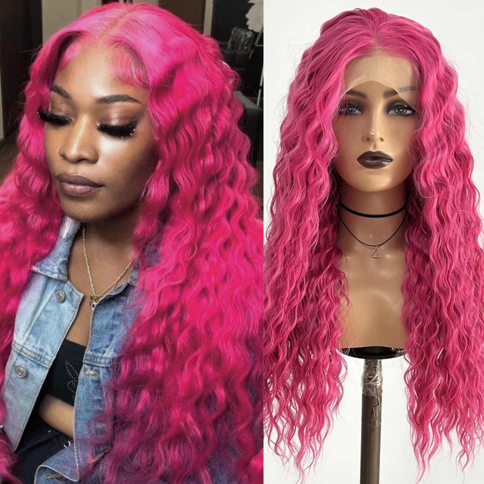 Hot Pink Deep Wave Synthetic Front Wig Glueless Natural Haire Rose Red Long Curly Hair Lace Frontal Wigs for Women