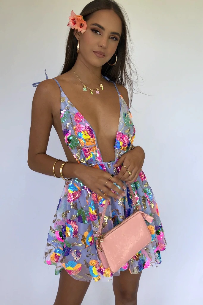 Casual Dresses summer new European and American sexy deep V backless sequin suspender skirt