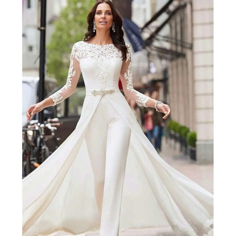 White Jumpsuits Pants Long Sleeve Wedding Dresses Lace Satin With Overskirts Beads Crystals Plus Size Bridal Gowns Vestidos De Novia