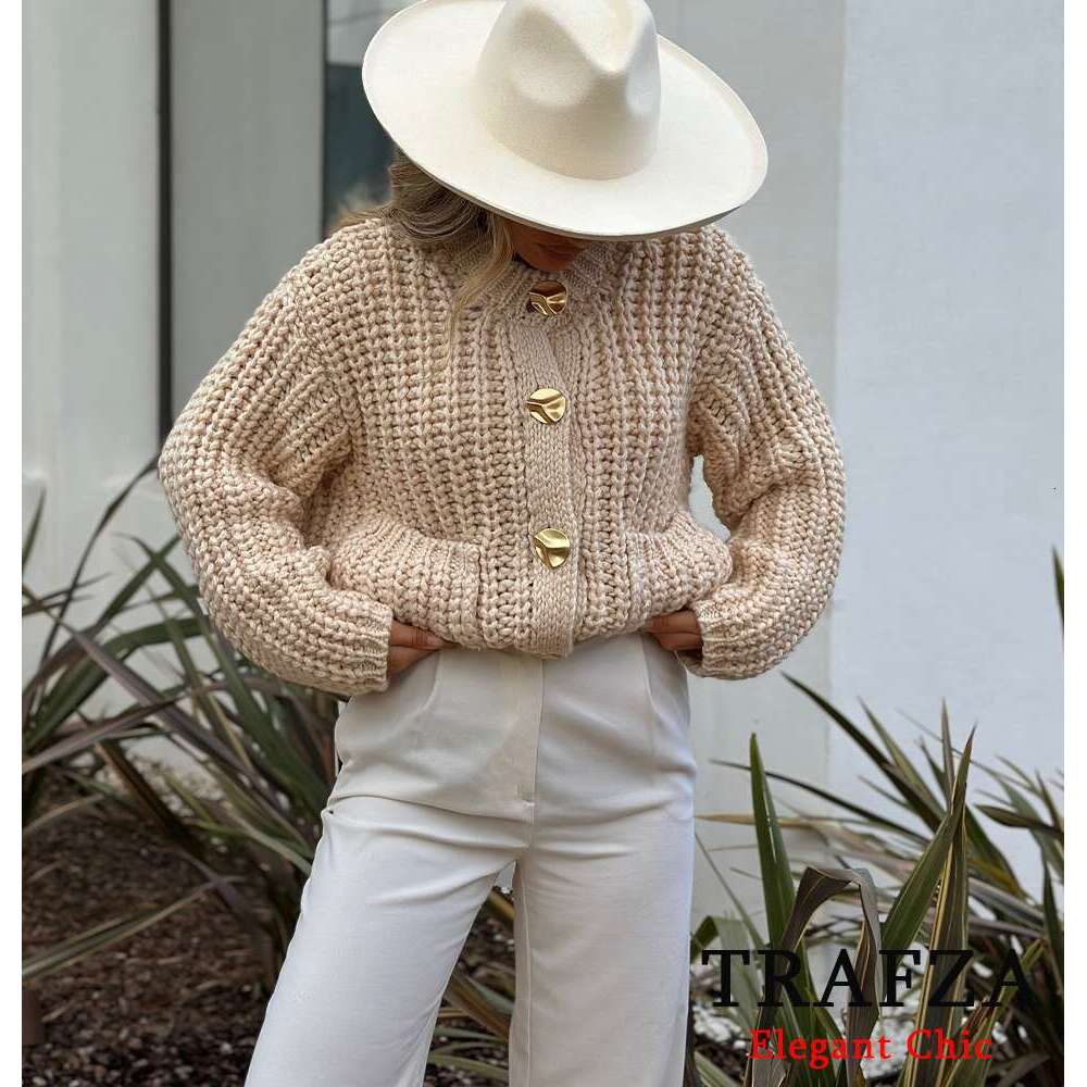TRAFZA Women Fashion Cable Knit Gold-Color Button Jacket New Spring Fall Casual Simple Knitted Coat