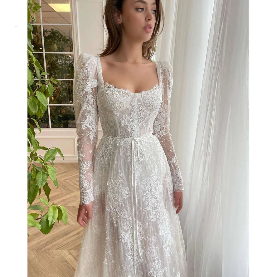 Fashion Lace A E Dresses Square Neck Long Sleeves Wedding Dress Sweep Train Designer Bridal Gowns 0515