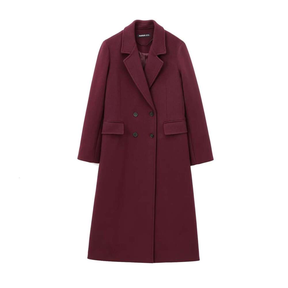 TRAFZA Elegant Blended Women's Lapel Double-Breasted Bury With Ed New 2024 Fall Winter Fashion Long Coat