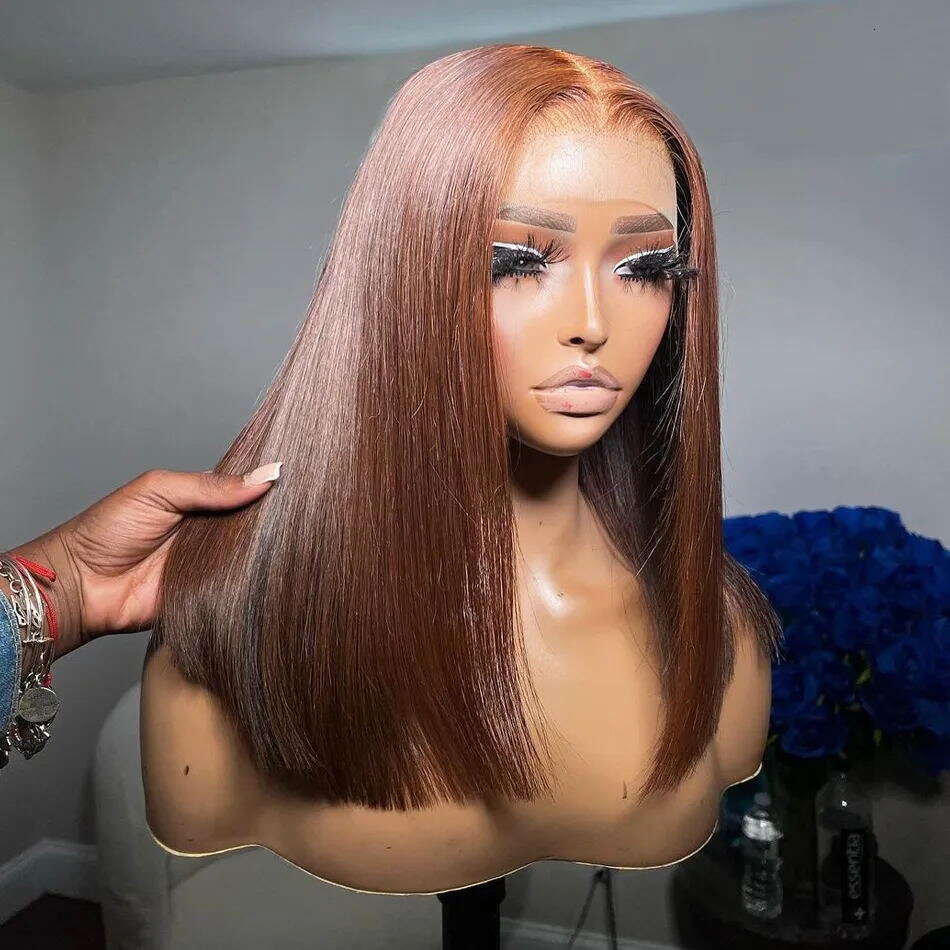 x Lace Front Wig Bob Human Hair Brown Straight Full Density HD Transparent Frontal Wigs bob hair lace front wig