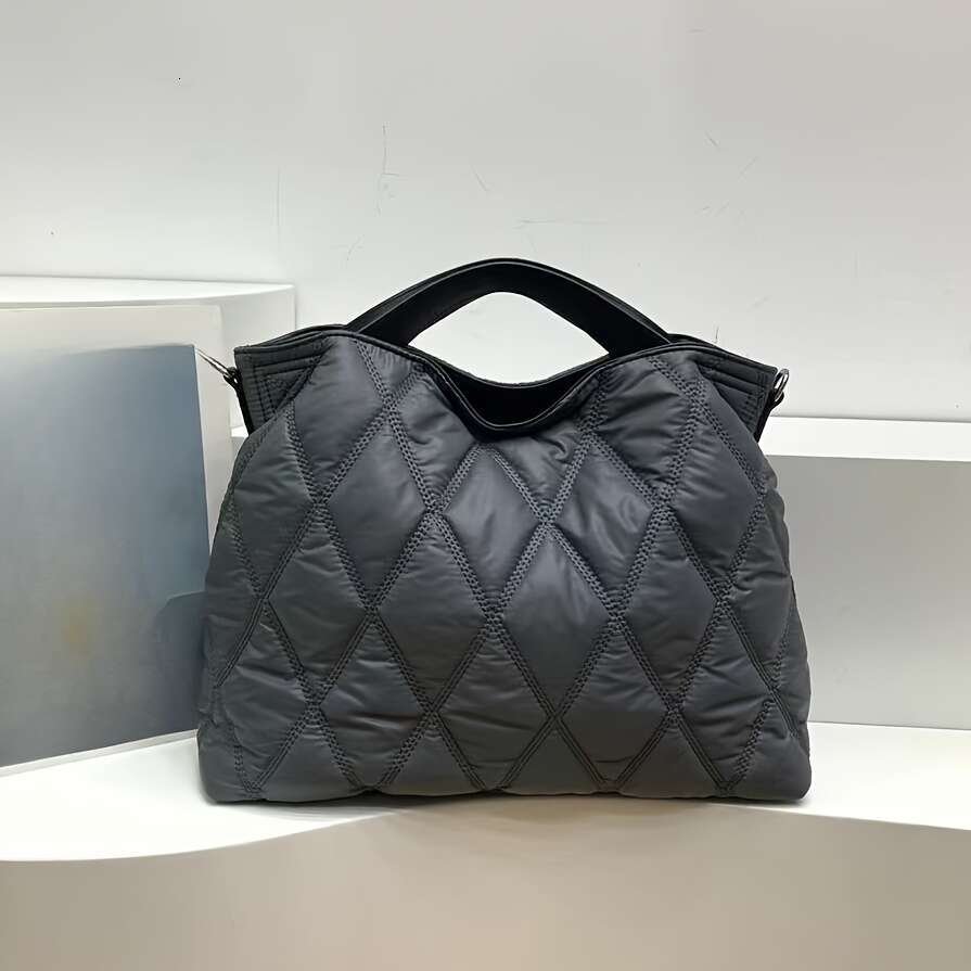 Trendy Puffer Quilted Tote Rhombus Nylon Shoulder Bag, Soft Padded Handbag For Women