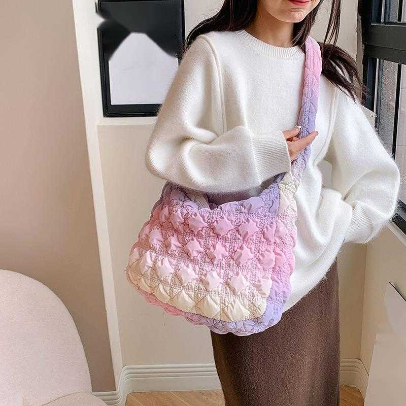 CMM Korean Version Autumn and Winter New Fashion Pleated Bubble Bag Hand Held One Shoulder Armpit Bag Dumpling Down Bag Tote Bag