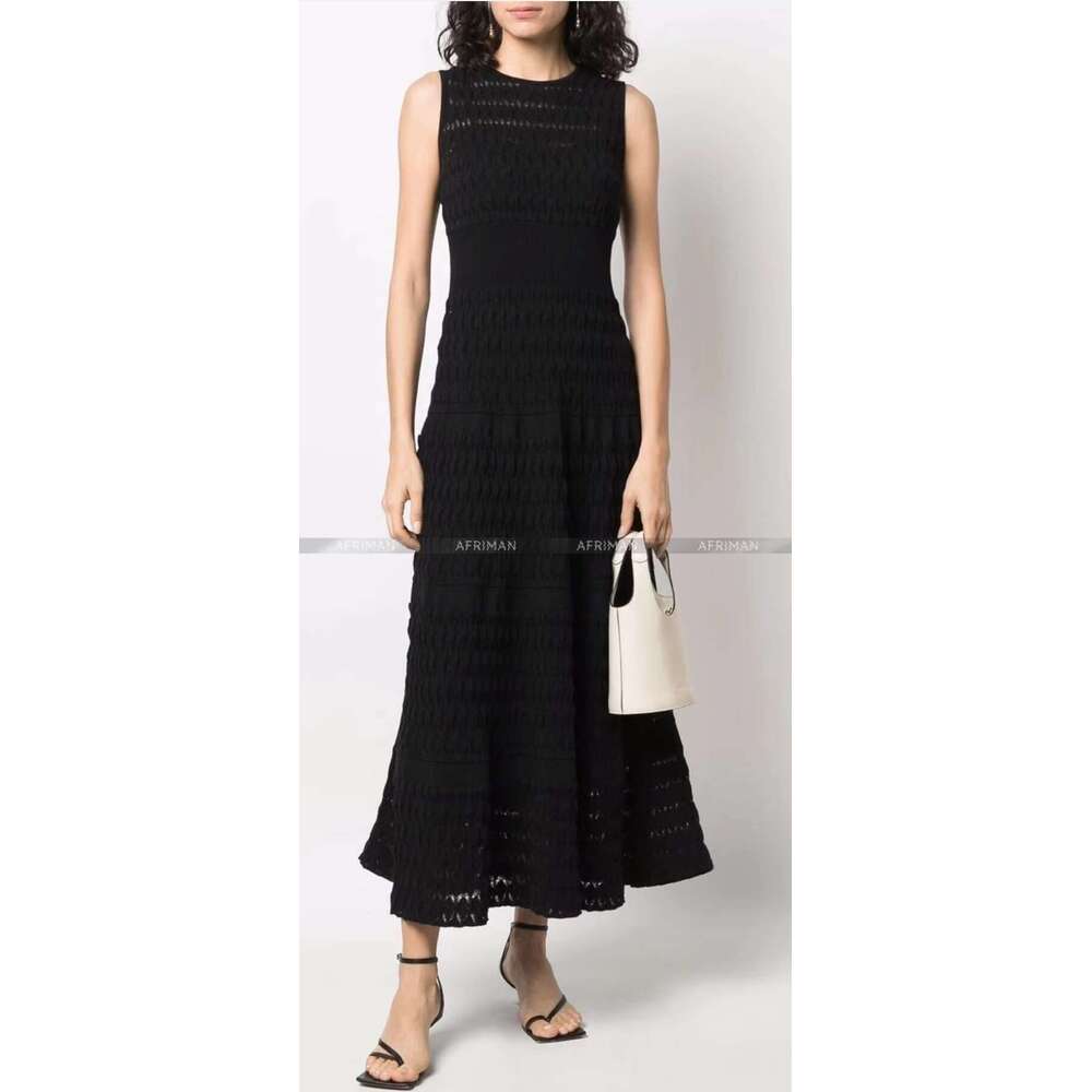 Women Round Neck Sleeveless Mesh Woven Knit Maxi Dress