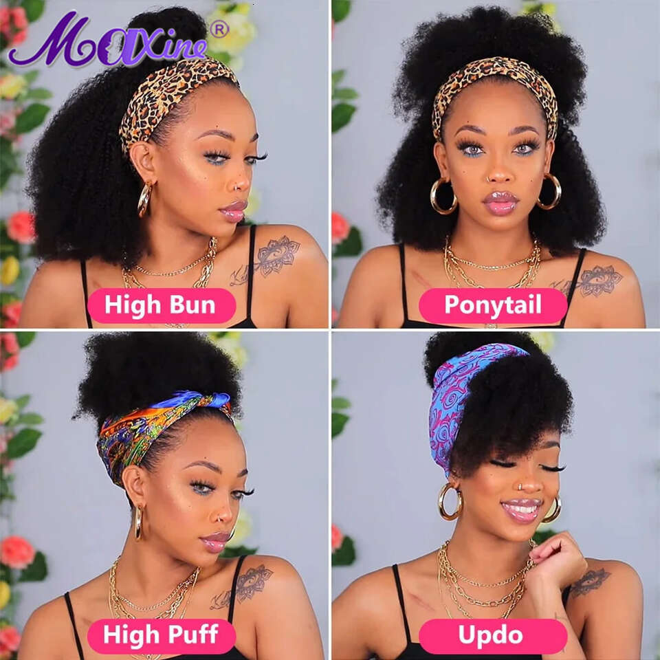 Afro Kinky Curly Headband Wig Human Hair Maxine Bob Wigs Female HeadBand Full Head Band Scarf