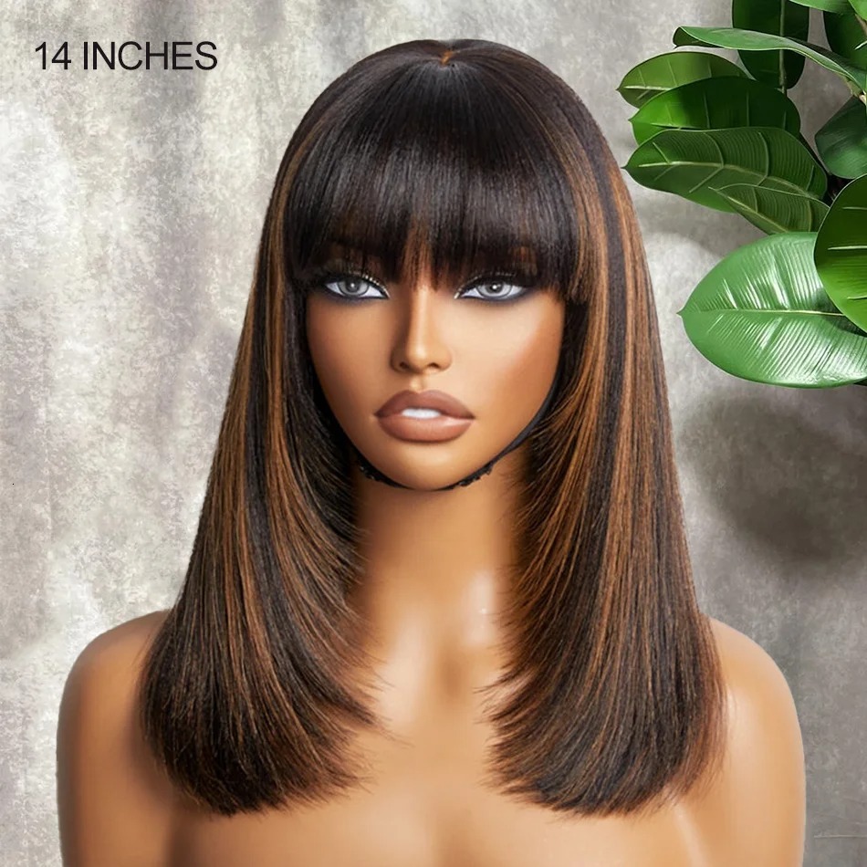 Brown Highlight Put On 100% Human Hair and Go Realistic Yaki Straight Short Bob with Bangs Minimalist Lace Wig For Black Women