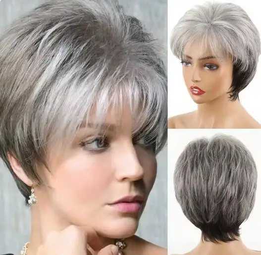 Silver wig grey Umbre womens wig with curtain bangs synthetic highlights grey bob short hair silver multi-layer wig M241028