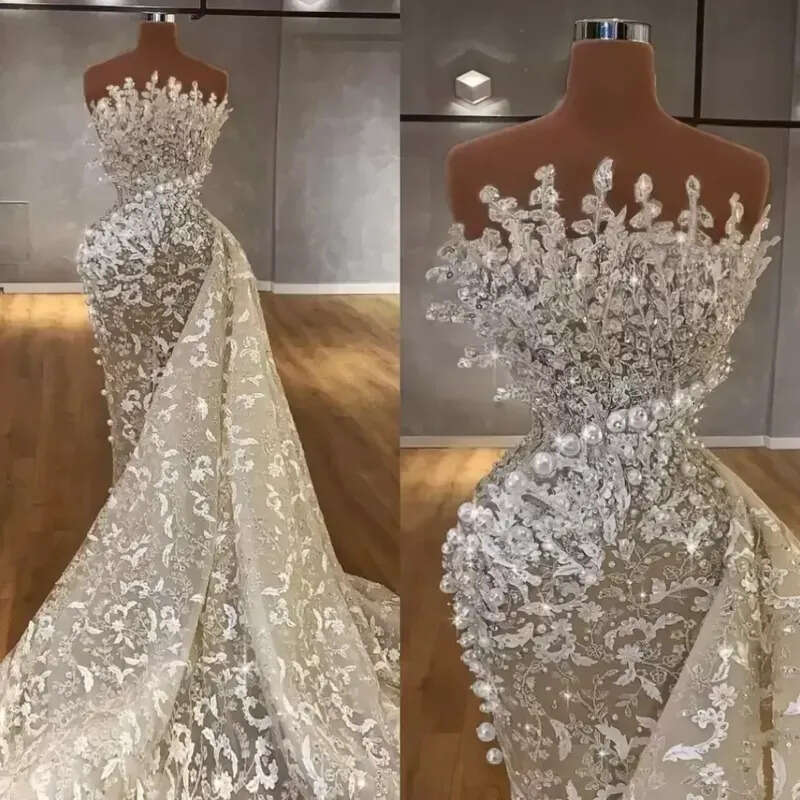 Urious Middle East Mermaid Wedding Gowns Sparkly Crystals Lace Strapless Dubai Arabic Bridal Dressses Pearls Beaded Brides Vestidos De Novia