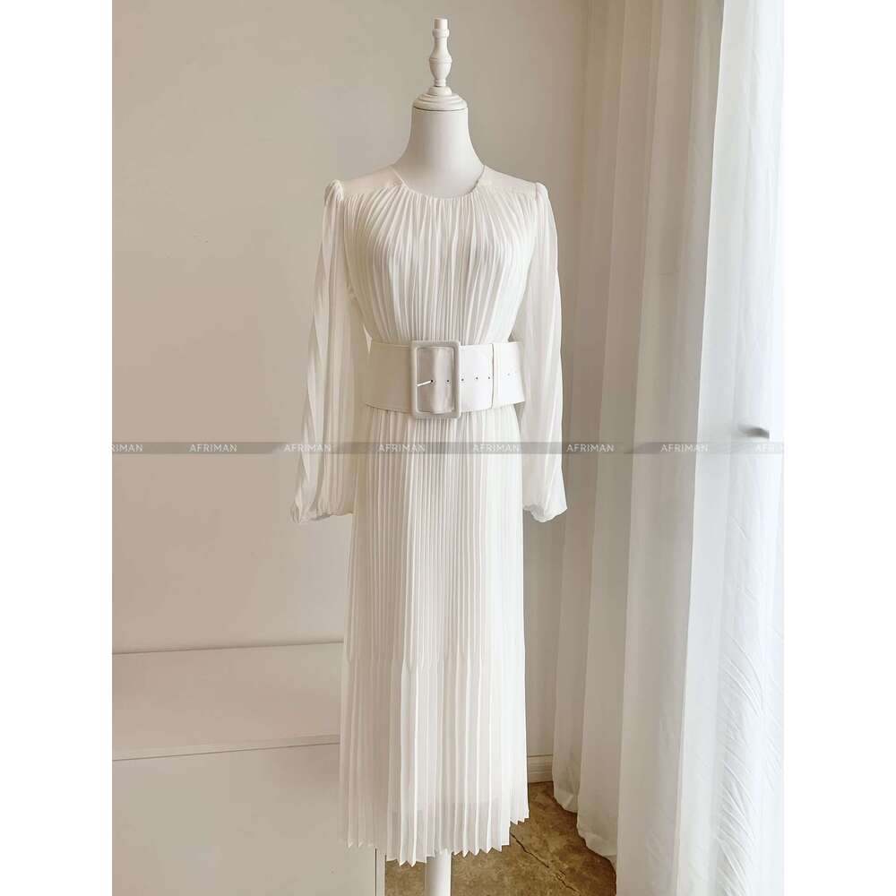 Women White Folded Round Neck Long Sleeve Midi Pleated Dress With Wide Waistband