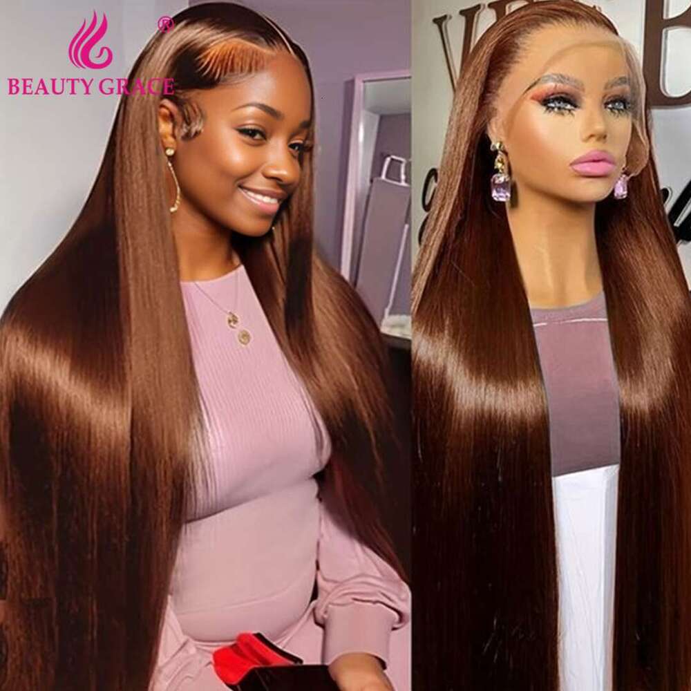 Dark Brown Straight X Lace Front Wig Chocolate Bone Human Hair x Closure Colored Wigs Beauty Grace