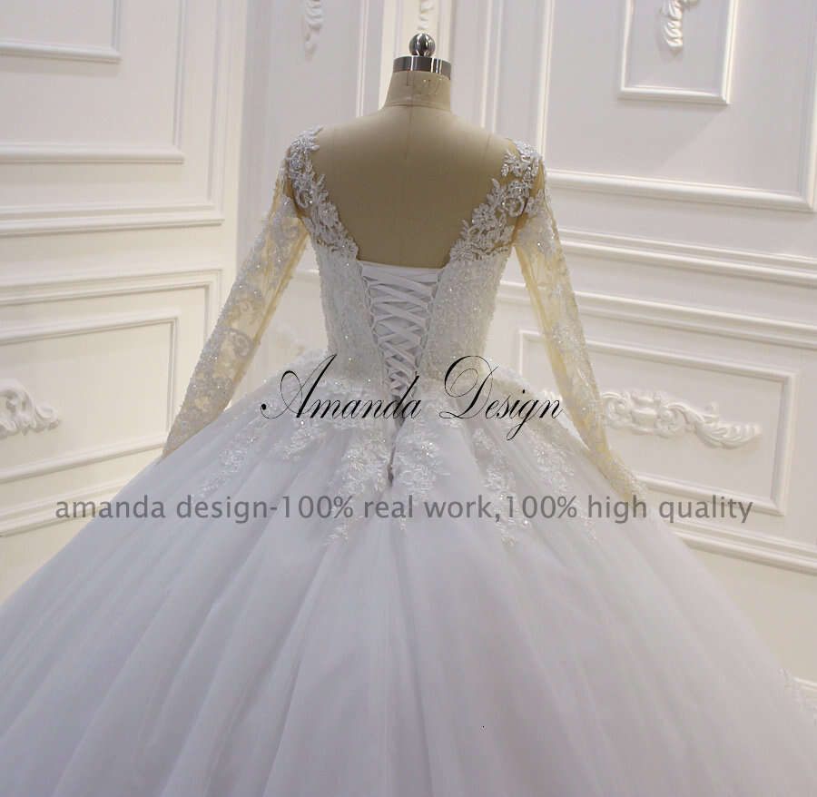 Amanda Design vestido novia playa Long Sleeve Lace Appliqued Wedding Gown for Bride