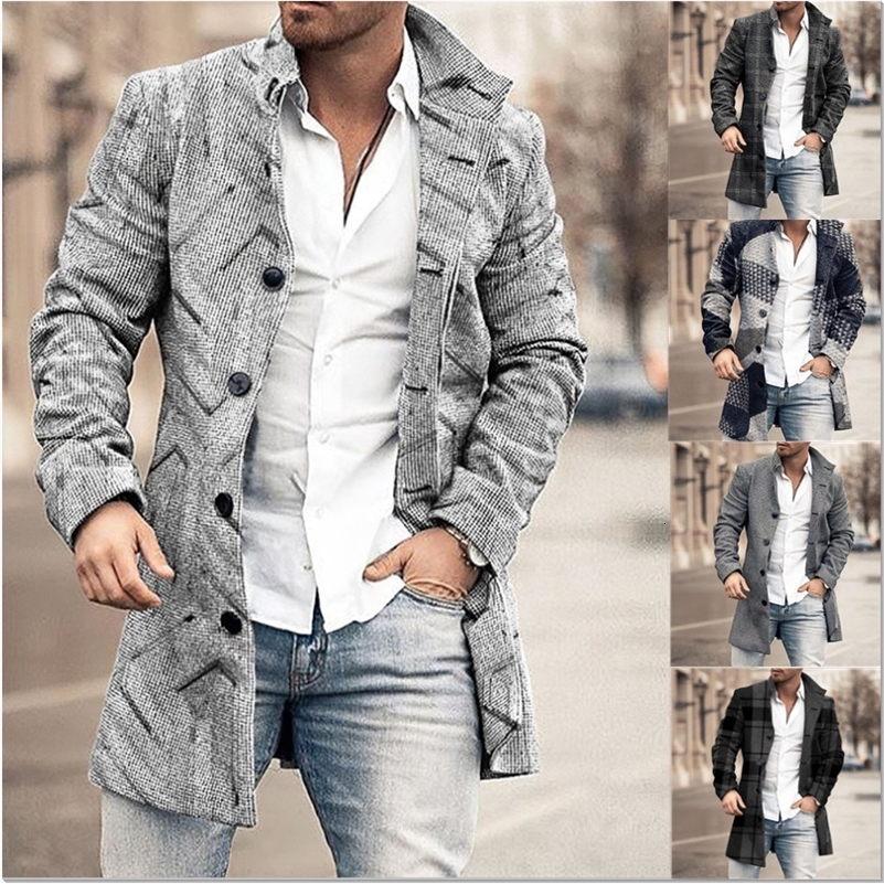 Autumn Winter Woolen Printing Mens Coat Windbreaker Long Sleeve Single Breasted Button Fashion Casual Jacket 241007