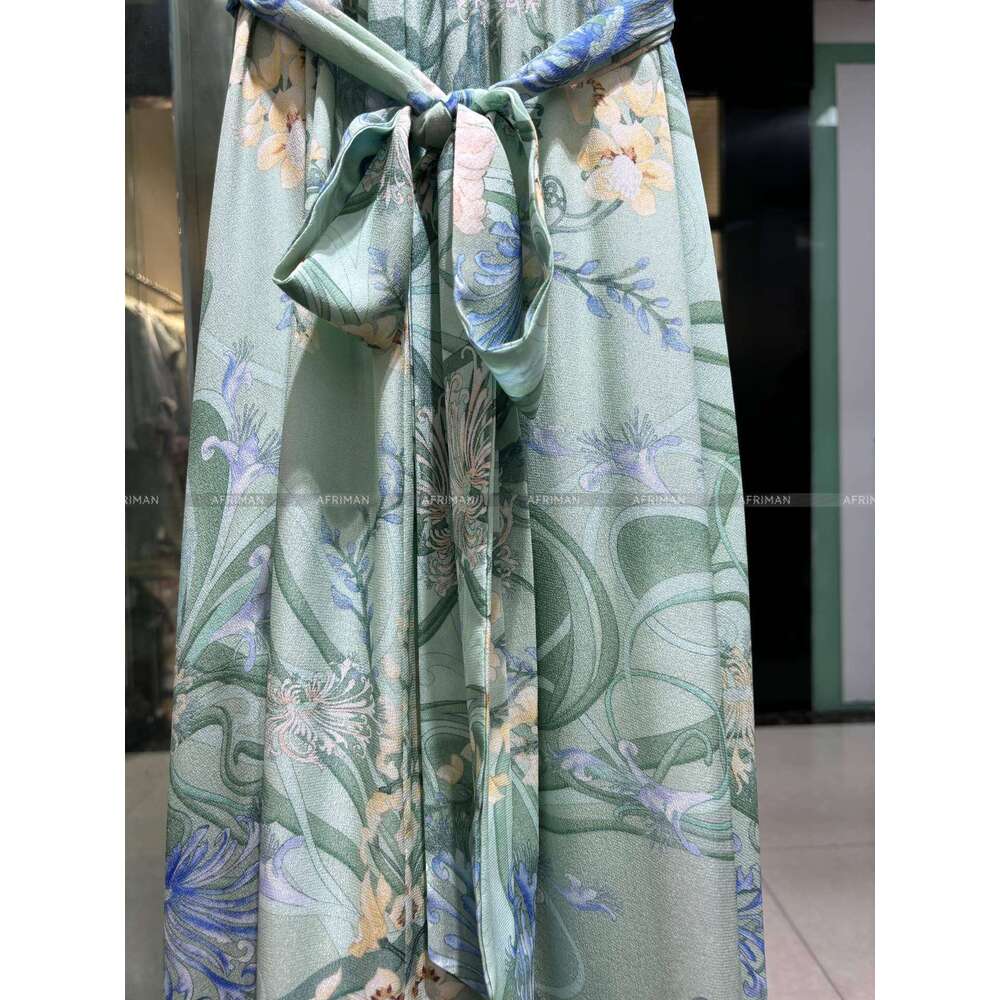 Women Mint Green Retro Print Ribbon Bow Collar Crystal Beaded Sleeveless Silk Long Vest Dress With Belt