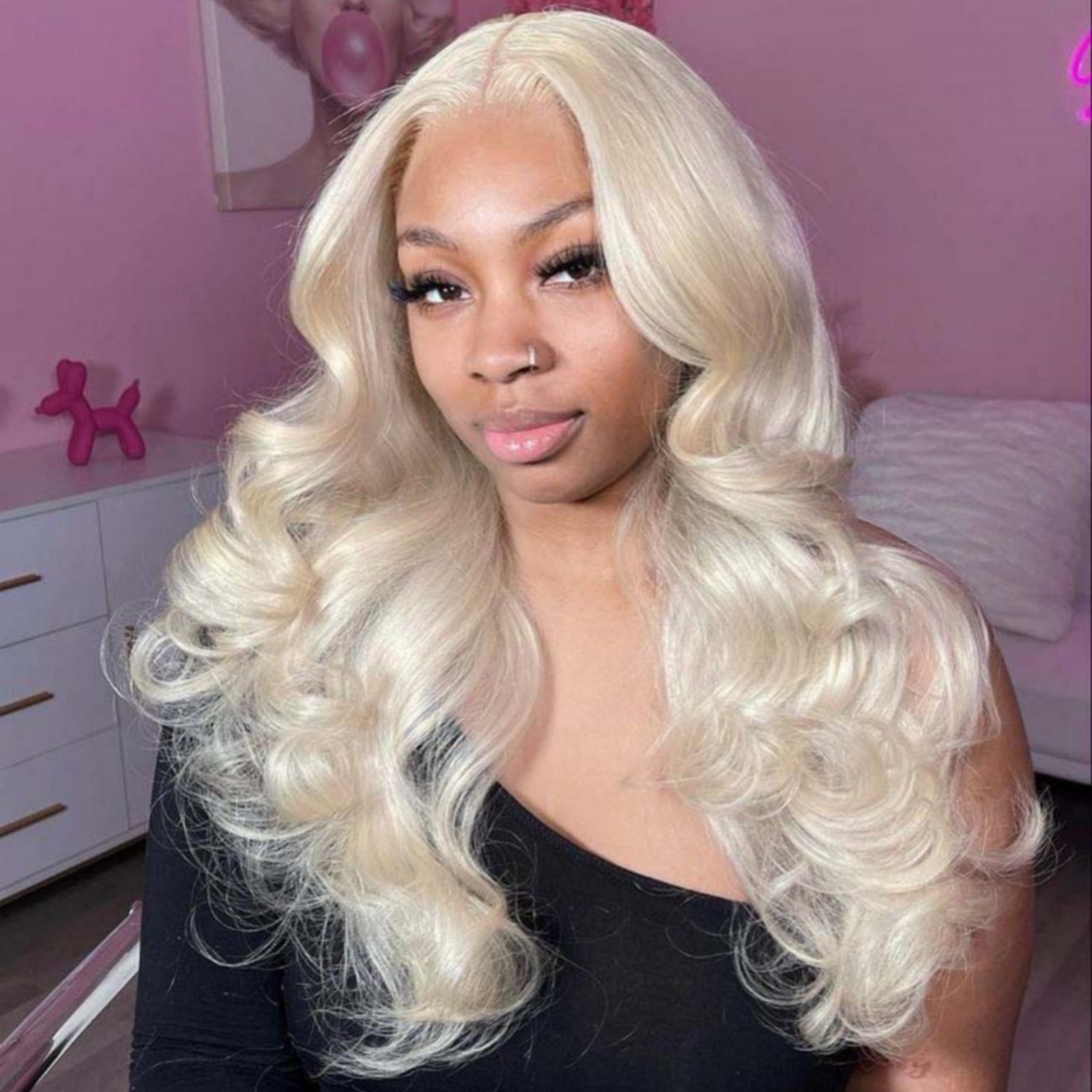 White Platinum Blonde Body Wave Synthetic Front Wig Glueless Long Natural Wavy Hair Frontal Lace Wigs for Women Fashion