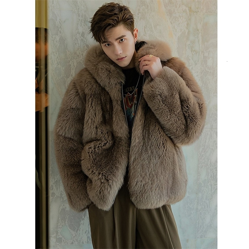 Fur coat Mens fox fur short jacket autumnwinter warm wool coat mens leather hooded casual jacket 241011