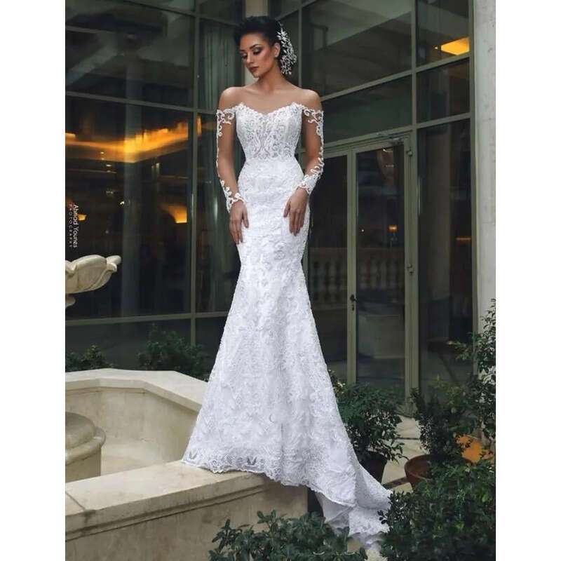 2022 Elegant Full Lace Mermaid Wedding Gowns With Detachable Train Off The Shoulder Beaded Appliqued Bridal Gown Custom Made Robe De