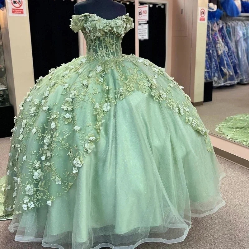 Sparkly Sage Green Princess Quinceanera Dresses Lace-Up Flower Sequin Applique Lace Beads Tull Corset Ball Gown Sweet 16 Dress Vestidos de 15 anos
