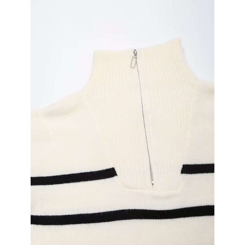 TRAFZA Women Fashion Striped Knitted Zipper Mock Neck Long Sleeve New 2024 Spring Fall Casual Versatile Sweater