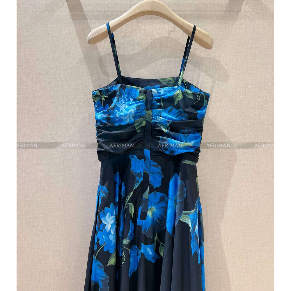 Women Blue Morning Glory Hyacinth Positioning Print Strapless Suspender High Waisted Dress