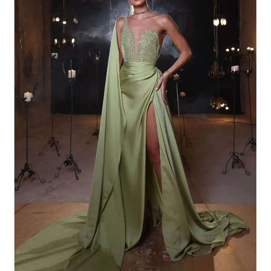 Green Prom Sleeveless V Neck Satin One Shoulder Appliques Sequins Dresses With Cape Side Slit Or Length Evening Dress Plus Size Custom Made 0431
