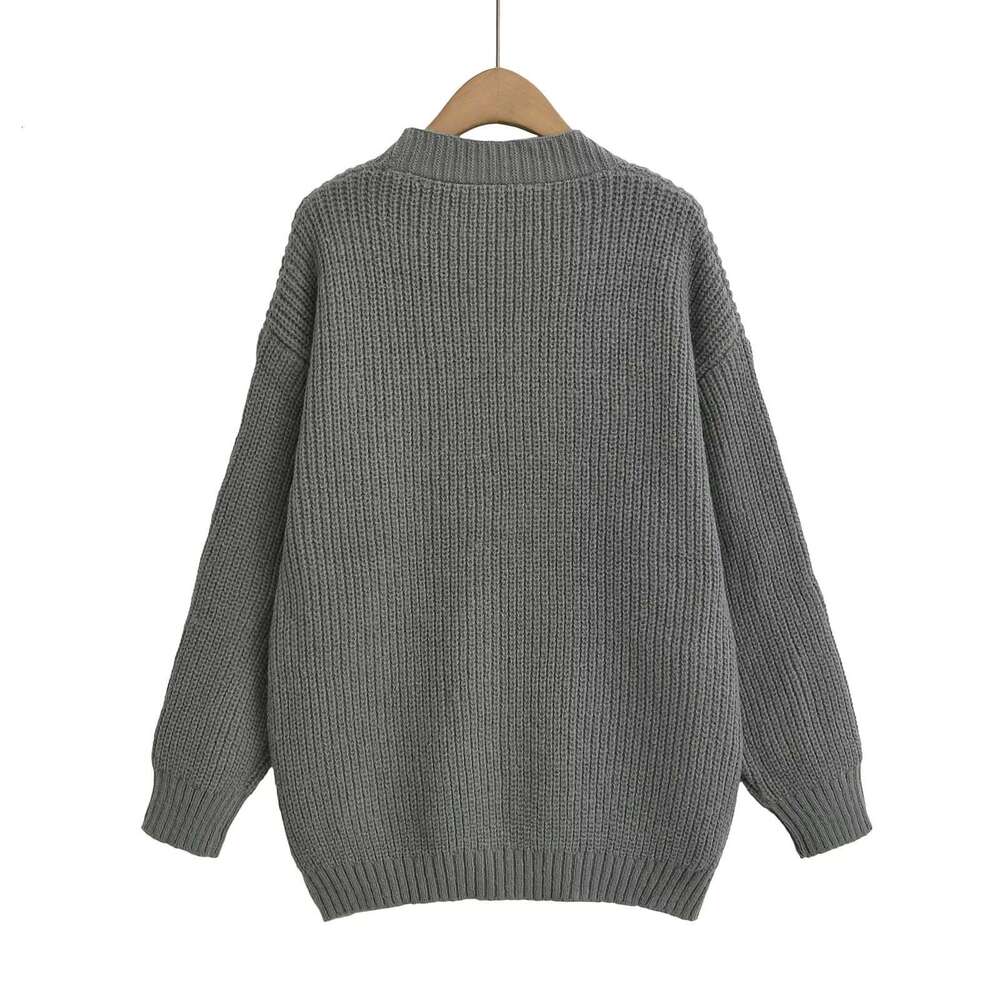 TRAFZA Women Fashion Knitted Pockets Buttons V-Neck New 2024 Spring Fall Casual Loose Sweater
