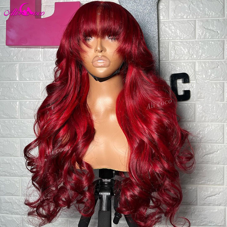 13x4 Red With Bangs Body Wave Human Hair Front 5x5 Lace Closure Wig For Women