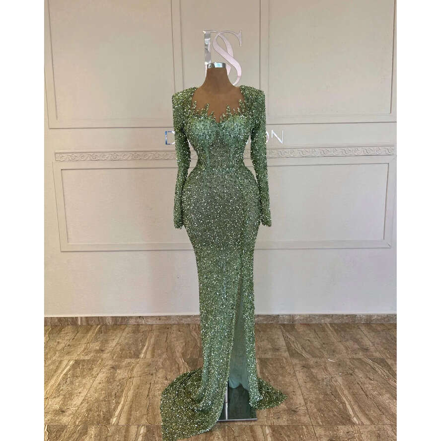 Sexy Green Mermaid Evening Sequins Crystal Long Sleeves Formal Party Prom Dress Pleats Dresses For Special Ocn 0515