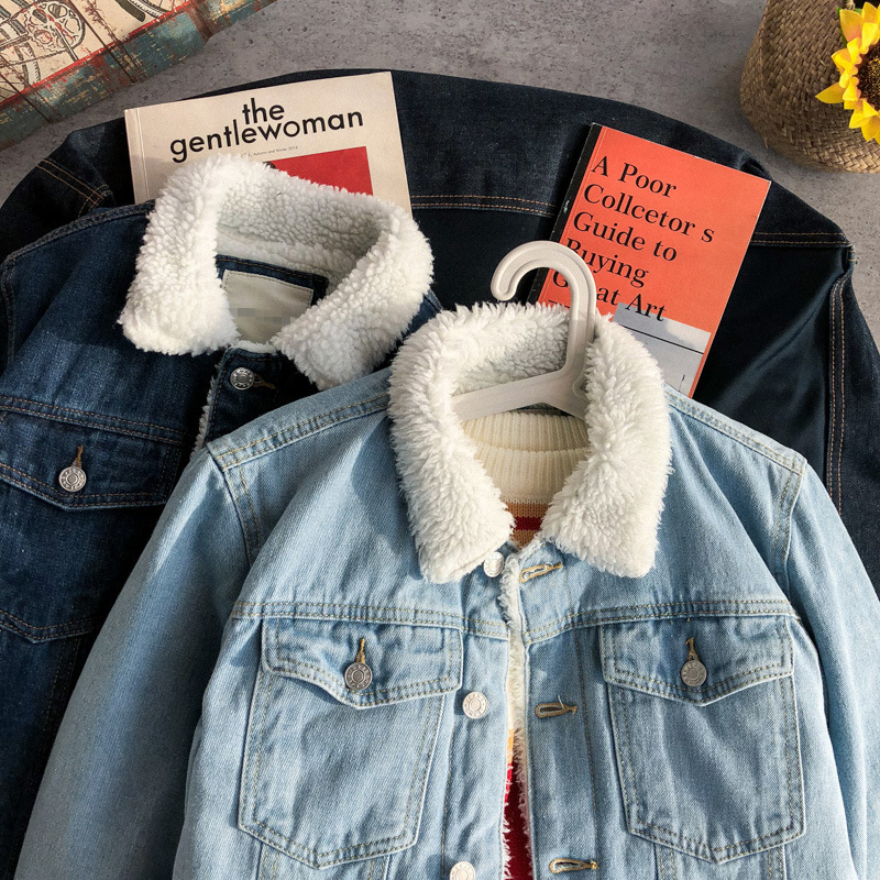 2024 New Designer Autumn/Winter Couple Denim Men's Plush Thickened Warm Leisure Oversized Cotton Jacket Sheep Wool Top Fashionable