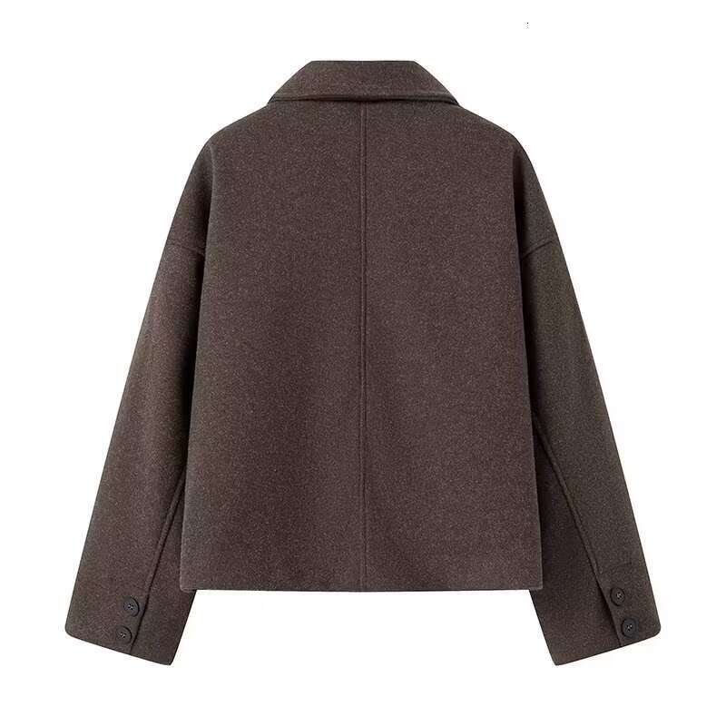 TRAFZA Vintage Loose Solid Tweed Women's Lapel Buttons Slant Pockets New Autumn Winter Fashion Jacket Coat