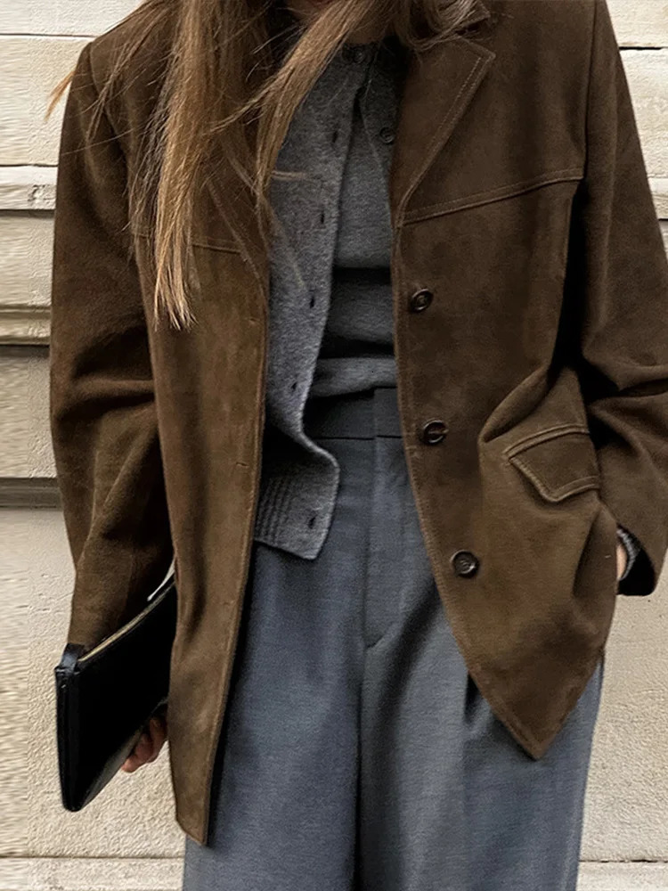 Retro suede jacket womens casual loose V-neck single chest jacket womens autumn winter fashion solid jacket women 241025
