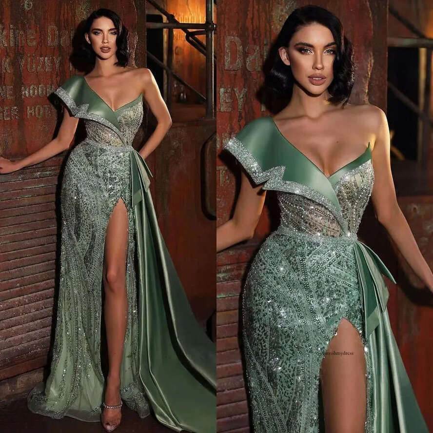 Gorgeous Green Evening V Neck Sequins Satin Formal Party Prom Dress Thigh Split Dresses For Special Ocn Robe De Soiree 0515