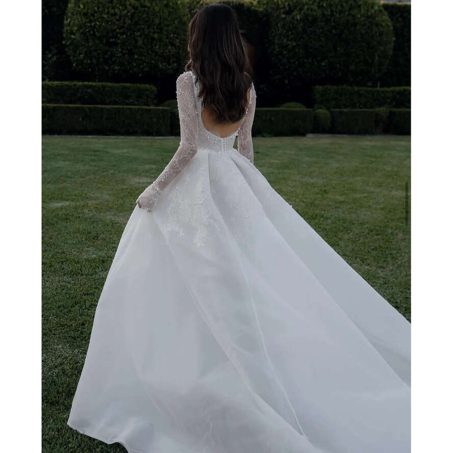 Boho A E Dress For Bride Lace Long Sleeves Pearls Wedding Dresses Bridal Gowns Vestidos Novia Backless Country Robe De Mariage 0515