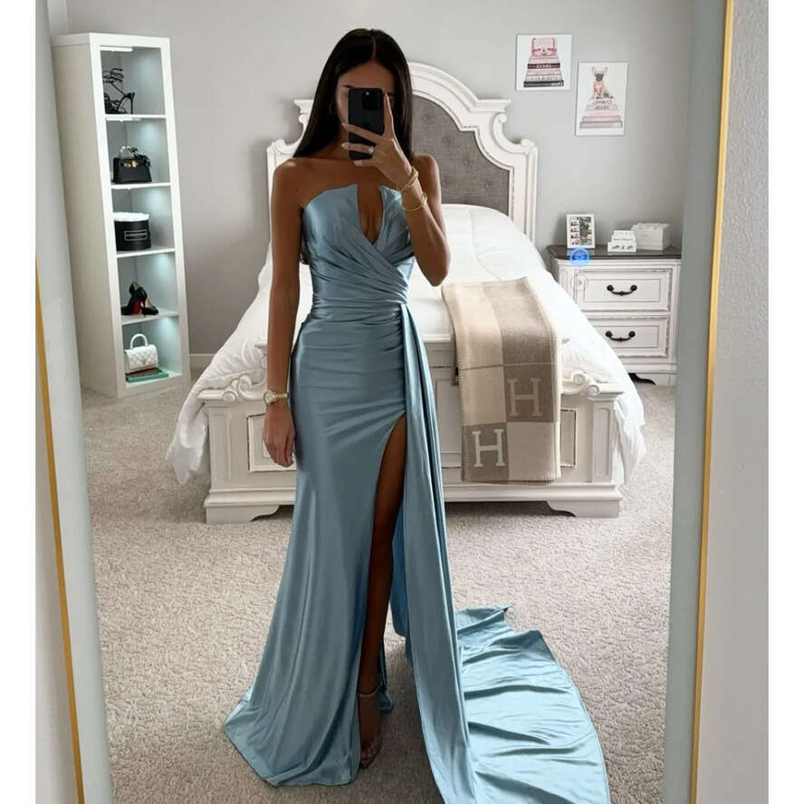 Haze Blue Mermaid Prom Dress V Strapless Evening Dresses Elegant Backless Satin Formal Gowns For Black Women Split Long Robe De Soiree 0515