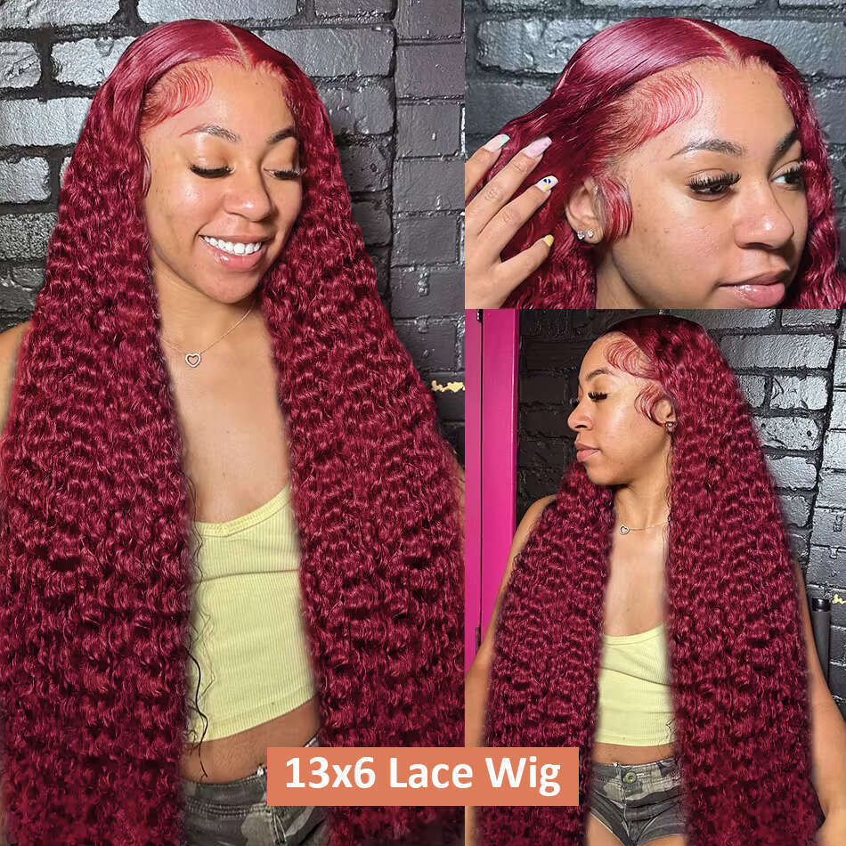 Inch J Burgundy HD Lace Front Wig Density X Red Curly Human Hair Colored Deep Wave Frontal For Women