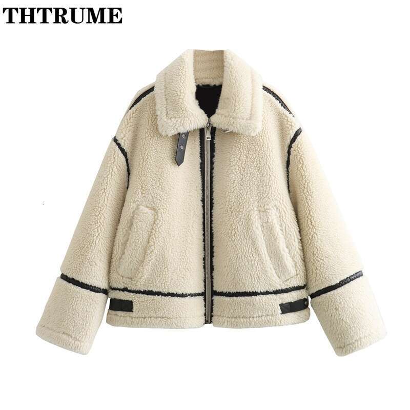 2024 New Fleece Lamb Jackets For Women Fashion Long Sleeve Autumn Winter Zipper Patchwork Coats Casual Streetwear Thick Outwear