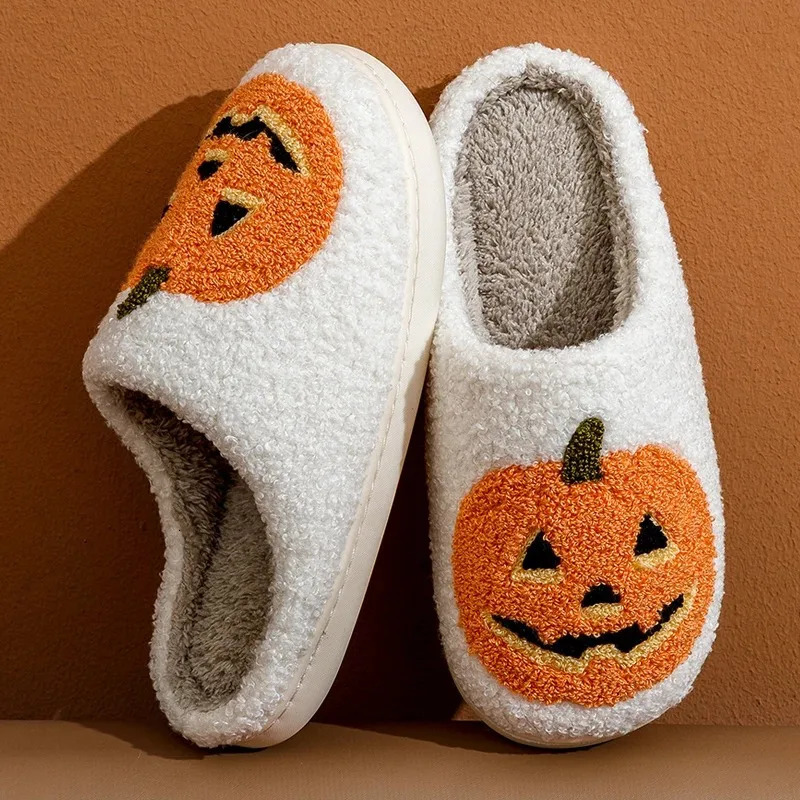 Pumpkin Halloween Womens Slippers Winter Indoor Cartoon Comfort Home Bedroom Soft Causal Flat Plush Shoes for Gift 241025