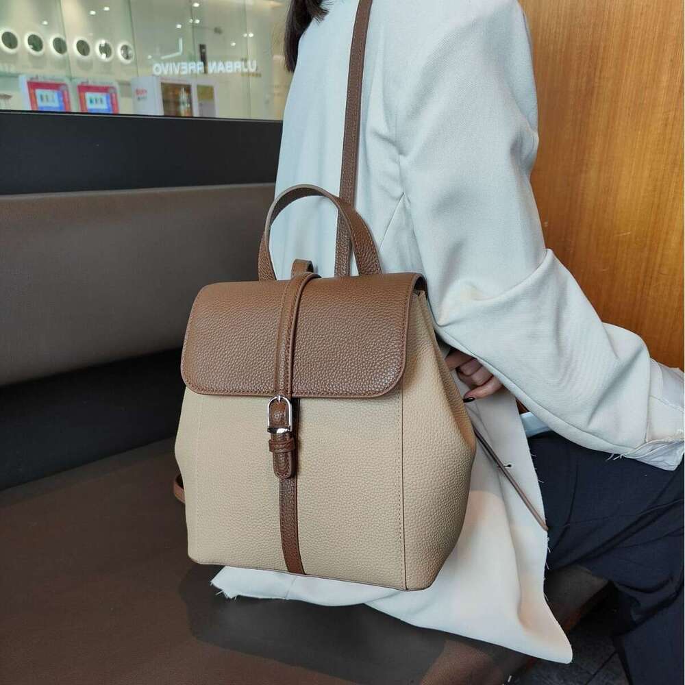 Vintage British Style Full Grain Cow Leather Women's Backpack Hit-Color Large School Bags For College Girls Commuter Bagpack